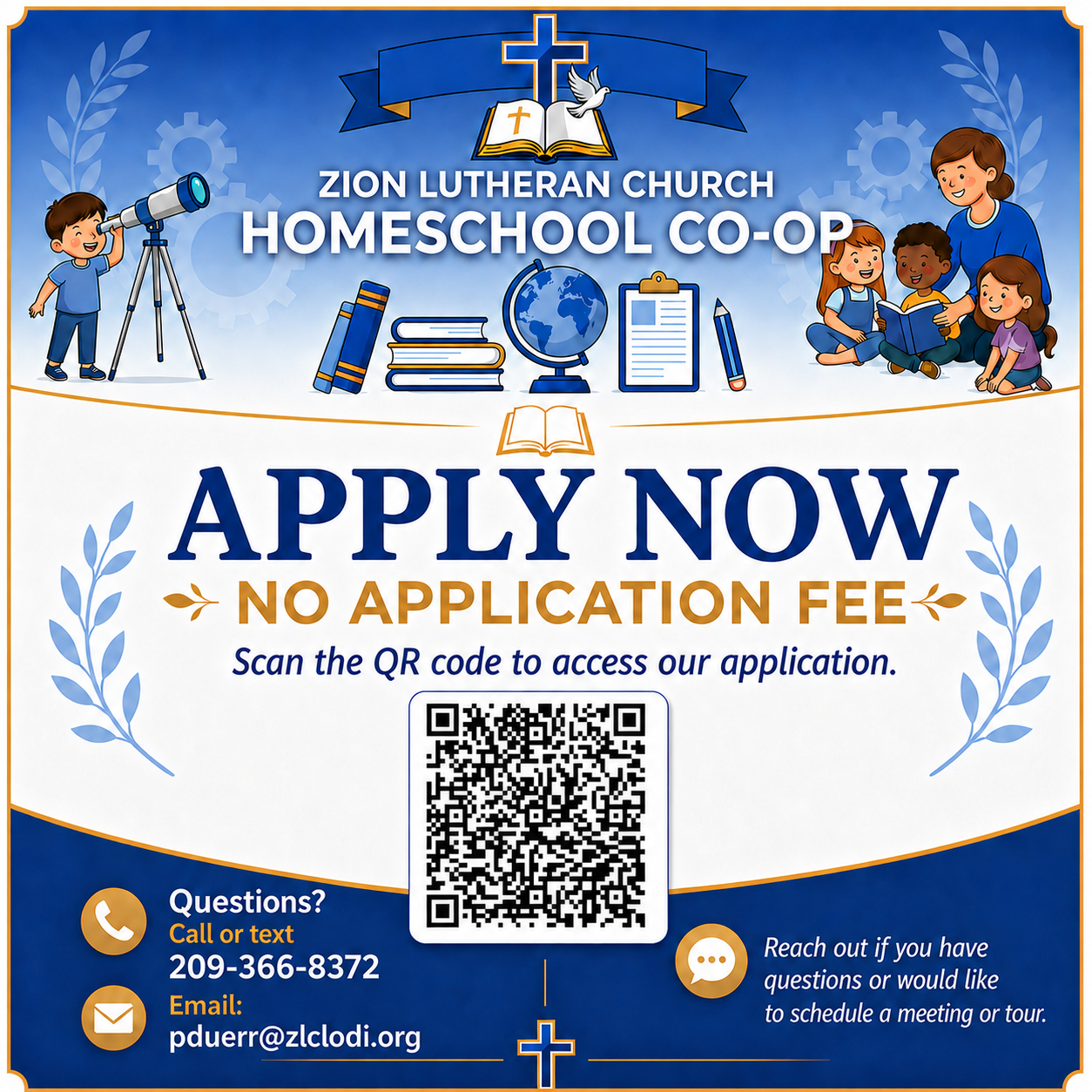 Apply now, no application fee advertisement for Zion Lutheran Church Homeschool Co-op